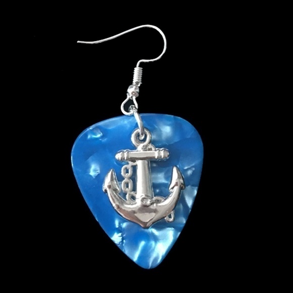 HAND Crafted Drop Earrings Repurposed Guitar Picks Anchors Sail Away - Picture 3 of 7